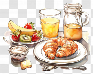 Continental Breakfast - Delicious Breakfast With Croissant And Juice Transparent PNG