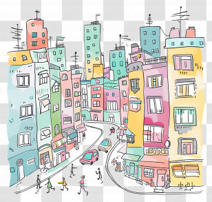 Busy City Street - Colorful City Street With Buildings Transparent PNG