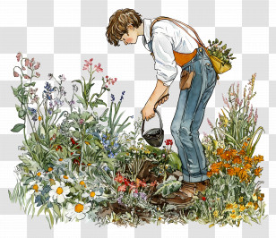 Gardening - Gardener Watering Flowers Transparent PNG