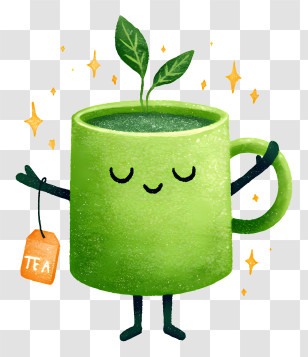 Tea Mug With Tea Bag - Happy Green Tea Mug Character Transparent PNG