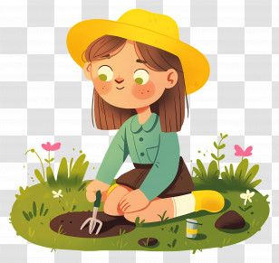 Little Girl Planting Flowers - Girl Enjoying Gardening Transparent PNG