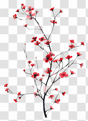 Red Flowers - Branch With Red Flowers In Bloom Transparent PNG