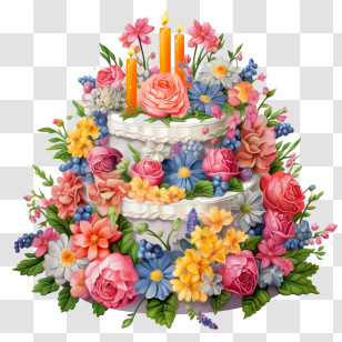 Birthday Cake - Floral Decorated Cake With Candles Transparent PNG