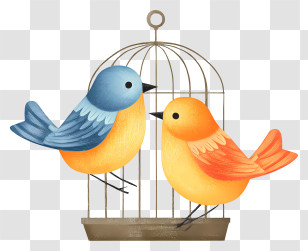 Two Birds In Cage - Colorful Birds In A Cage Transparent PNG