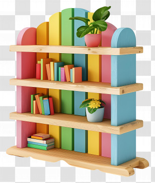 Wooden Bookshelf - Colorful Wooden Shelf For Books And Plants Transparent PNG