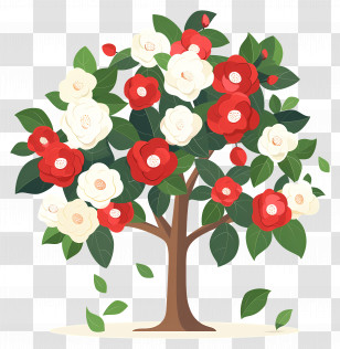Flower Tree - Blooming Camellia Tree With Red And White Flowers Transparent PNG