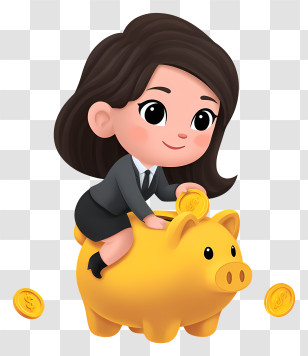 Businesswoman Making Saving - Girl Riding Piggy Bank With Coins Transparent PNG