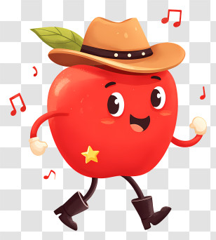 Apple Wearing Cowboy Hat - Cowboy Apple Dancing With Music Notes Transparent PNG