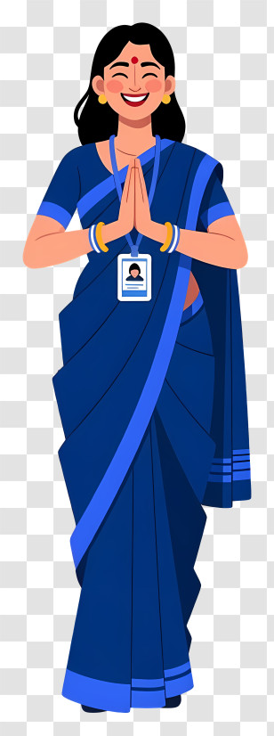 Indian Woman Welcome Namaste Hands - Professional Woman In Blue Saree Transparent PNG