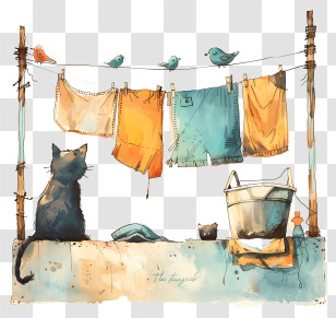 Laundry Day - Cat Watching Birds On Clothesline Transparent PNG