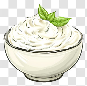 Curd - Bowl Of Whipped Cream With Basil Leaves Transparent PNG
