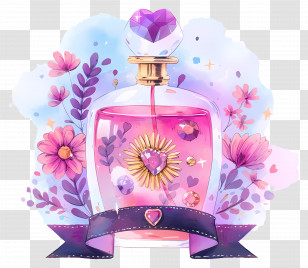Perfume Day - Decorative Pink Perfume Bottle Illustration With Flowers Transparent PNG