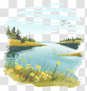 Summer Background - Stunning Lake Landscape With Yellow Wildflowers Transparent PNG