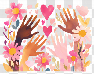 World Kindness Day - Diverse Hands With Hearts And Flowers Illustration Transparent PNG