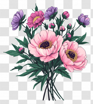 Pink Bouquet - Pink And Purple Flowers Bouquet Illustration Transparent PNG