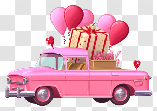 Flat Valentine Vehicle - Pink Vintage Car With Balloons And Gifts Transparent PNG