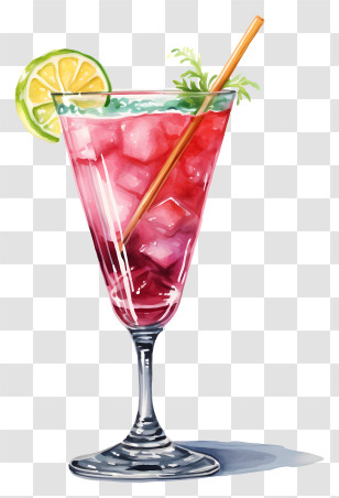 Cocktail - Red Cocktail Drink With Lime And Ice Cubes Transparent PNG