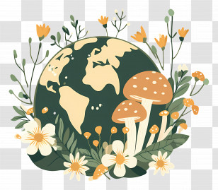 Ecology - Earth Illustration With Floral And Mushroom Elements Transparent PNG