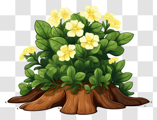 Cartoon Drawing - Yellow Flower Bush With Green Leaves Transparent PNG
