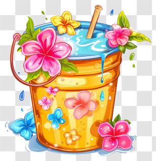 Songkran - Colorful Bucket With Flowers And Water Transparent PNG