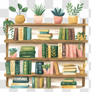 Bookshelves - Books And Plants On Wooden Shelf Transparent PNG
