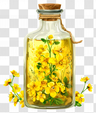 Canola Oil - Glass Bottle With Yellow Flowers Illustration Transparent PNG