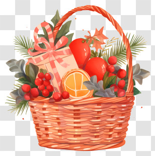 Christmas Gifts - Festive Gift Basket With Fruits And Present Transparent PNG