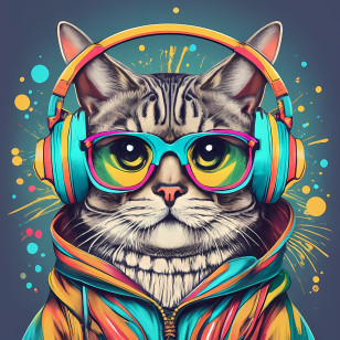 Global Cat Day - Cool Cat In Headphones With Pop Art Colors Transparent PNG