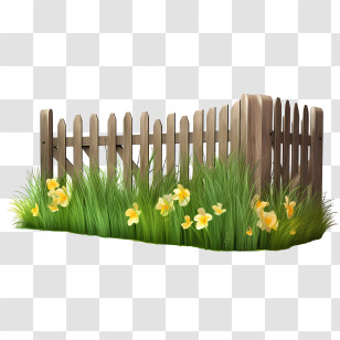 Wooden Garden Fence - Charming Wooden Fence With Flowers And Green Grass Transparent PNG