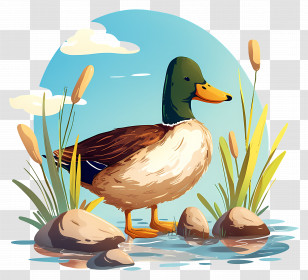 Cartoon Duck - Realistic Duck Standing By A Pond Scene Transparent PNG