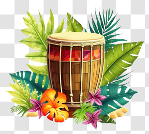 Wooden Drum - Colorful Tropical Drum With Flowers And Leaves Transparent PNG