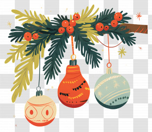 Christmas Balls On A Branch - Christmas Baubles Hanging From Pine Branch Transparent PNG