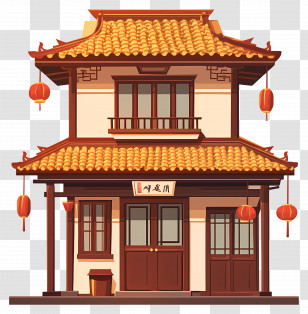 Chinese Traditional Building - Traditional Asian House With Red Lanterns Transparent PNG