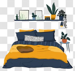 Bed Room - Stylish Cozy Bed With Yellow And Navy Design Transparent PNG