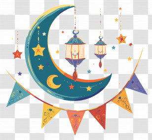 Eid Mubarak - Beautiful Crescent Moon And Lanterns Illustration For Ramadan Transparent PNG