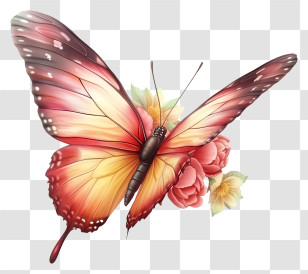 Elegant Butterfly Vector 3d - Beautiful Red And Orange Butterfly With Flowers Transparent PNG