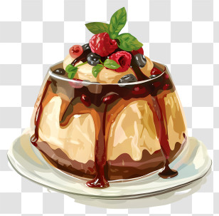 Pudding - Creamy Dessert Pudding With Berries And Chocolate Drizzle Transparent PNG