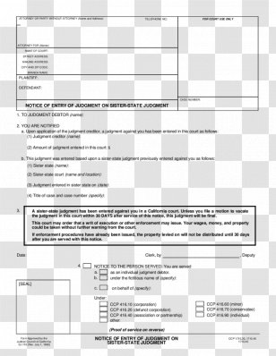 Document Judgment California Template PDF - Text - Debtor Transparent PNG