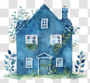 Blue House - Blue Watercolor House With Botanical Details Transparent PNG