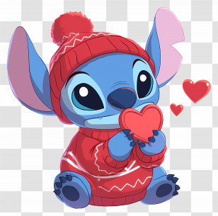 Stitch Love - Cartoon Character Holding Heart In Red Winter Outfit Transparent PNG