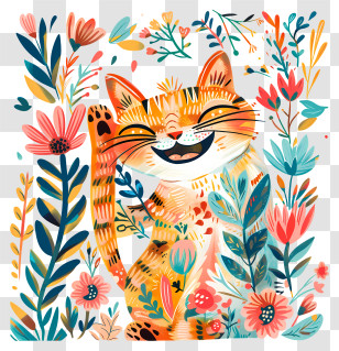 Happy Cat - Happy Cat Surrounded By Vibrant Flowers Transparent PNG