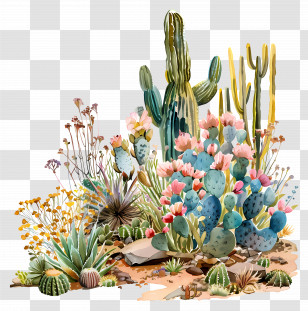 Desert Garden - Blooming Cactus Garden Illustration Transparent PNG