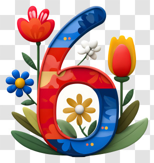 Number 6 Flowers - Floral Number 6 With Colorful Flowers Transparent PNG