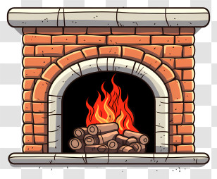 Fireplace - Illustrated Brick Fireplace With Logs And Flames Transparent PNG