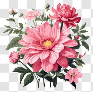 Hand Drawn Pink Flower - Pink Flower Bouquet With Green Leaves Transparent PNG