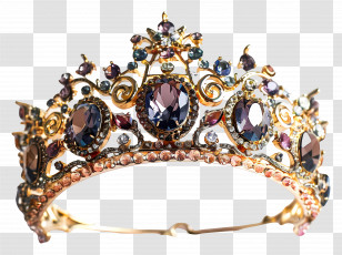 Tiara - Golden Royal Crown With Gemstones Transparent PNG