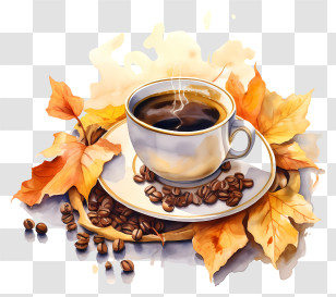 Coffee - Cup Of Coffee With Autumn Leaves Transparent PNG