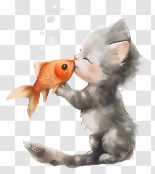 Cat Kissing Fish - Cute Kitten Kissing A Goldfish Transparent PNG