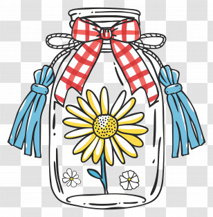 Mason Jar - Jar With Flower And Checked Ribbon Decoration Transparent PNG