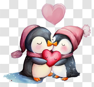 Pastel Valentine Penguin - Cute Penguins In Love With Heart Design Transparent PNG